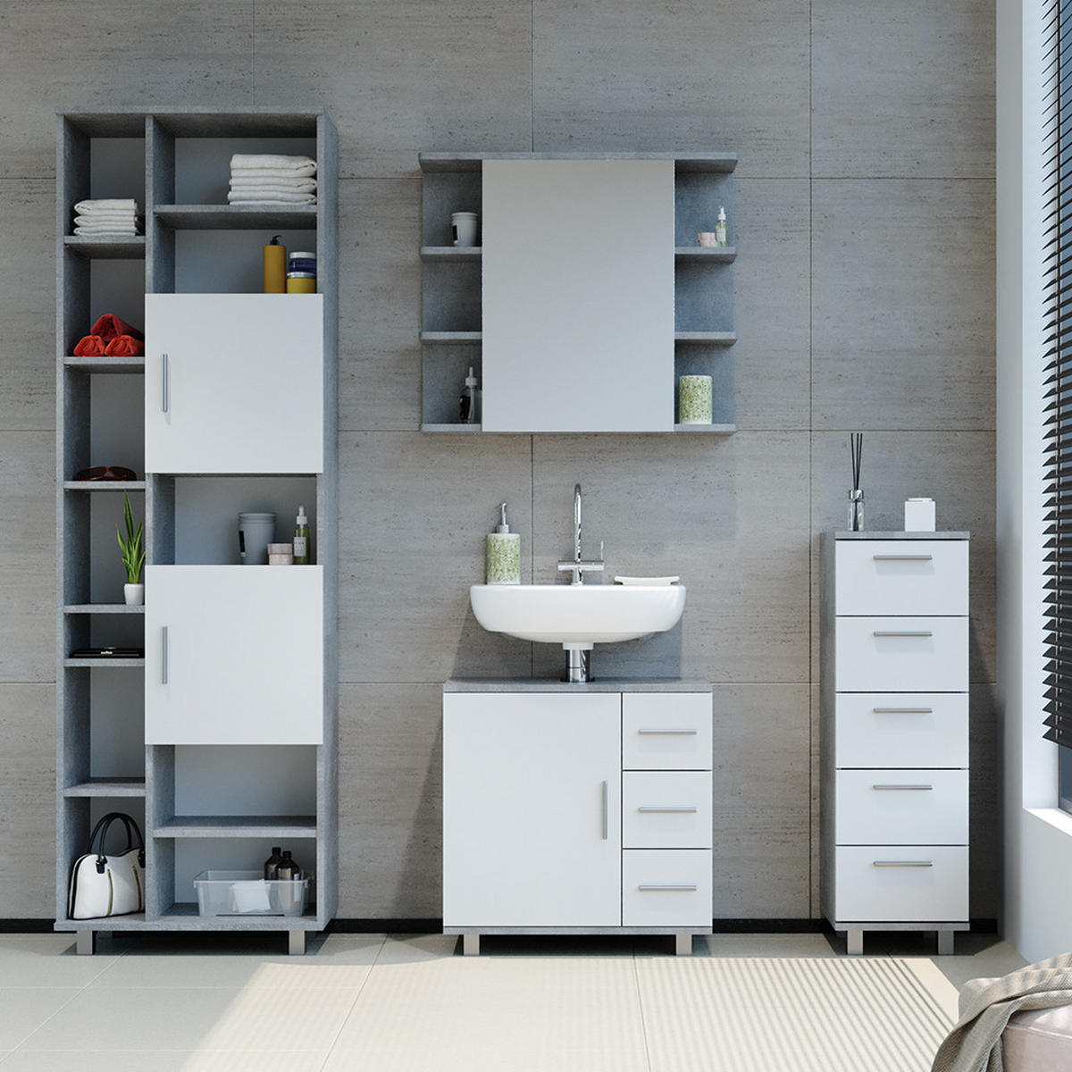BADSCHRANK Ilias Beton 30 x 95 cm - Schieferfarben/Weiß, Holzwerkstoff (30/95/30cm) - Vicco