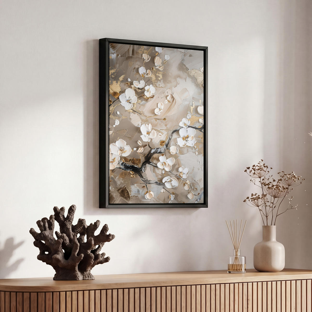 LEINWAND Bilder mit Rahmen - Blumen - Weiß - Gold - Beige - Luxus - 20x30 - Greige, Textil (20/30cm) - MuchoWow