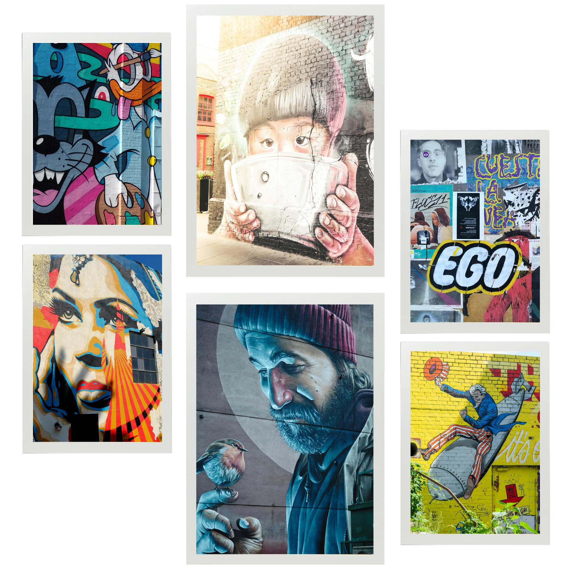 POSTER Set Mit 6 Bunte Graffiti Straßenkunst Schablone A3 & A4 Weißer Rahmen - Weiß, Papier (29/3cm) - Nacnic