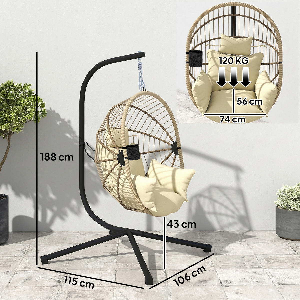 HÄNGESESSEL DE-15325 Kaki - Mokka, Metall (106/188/115cm) - ComfortXL
