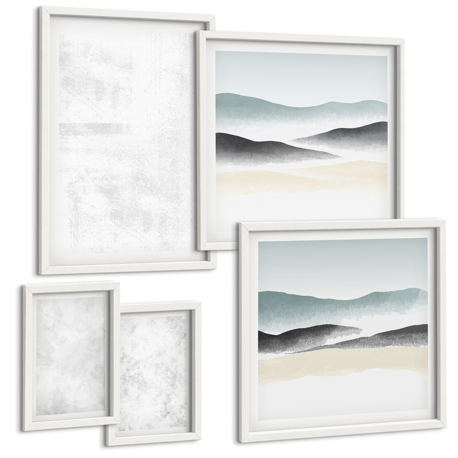 BILDER SET 5er Set - 50x50 cm & 20x30 cm & 40x60 cm Weißer Rahmen - Weiße Flecken auf Leinwandhintergrund - Weiß, Kunststoff (40/60cm) - TULUP