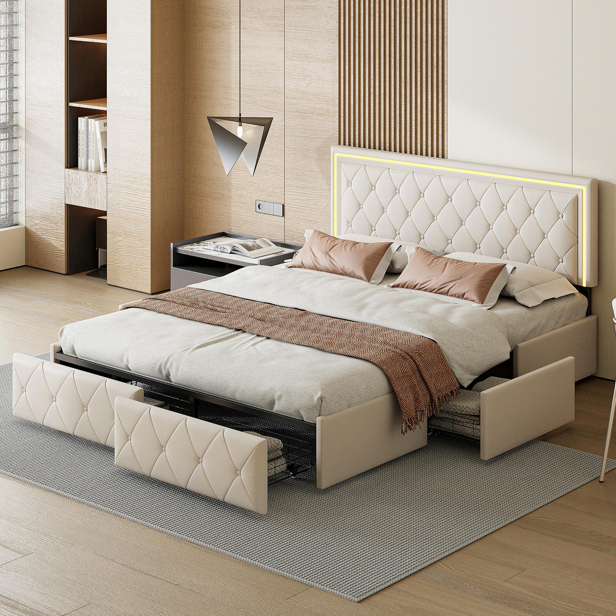 POLSTERBETT 160x200 cm, mit 4 Schubladen, Lattenrost, PU-Beige - Beige, Holzwerkstoff/Textil (160/200cm) - WoodenAura