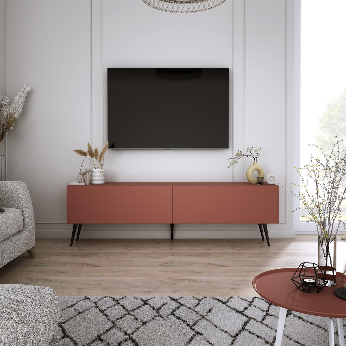 TV-SCHRANK : Ziegelrot, 140 x 52 x 32 cm, schwarze Beine - Rot/Schwarz, Holzwerkstoff/Metall (140/52/32cm) - 3XE LIVING
