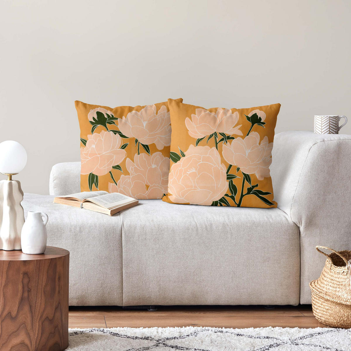 DEKOKISSEN 2er-Set Moderne Pfingstrosen 50/50 cm - Orange, Textil (50/50cm) - Bilderwelten