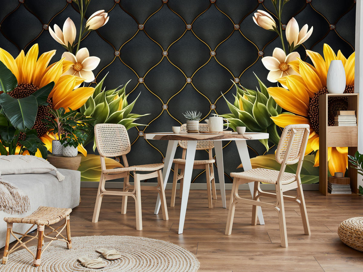 FOTOTAPETE für Küche Blume Sonnenblumen auf gestepptem Hintergrund 450x315 - Gelb/Schwarz, Papier (450/315cm) - Muralo