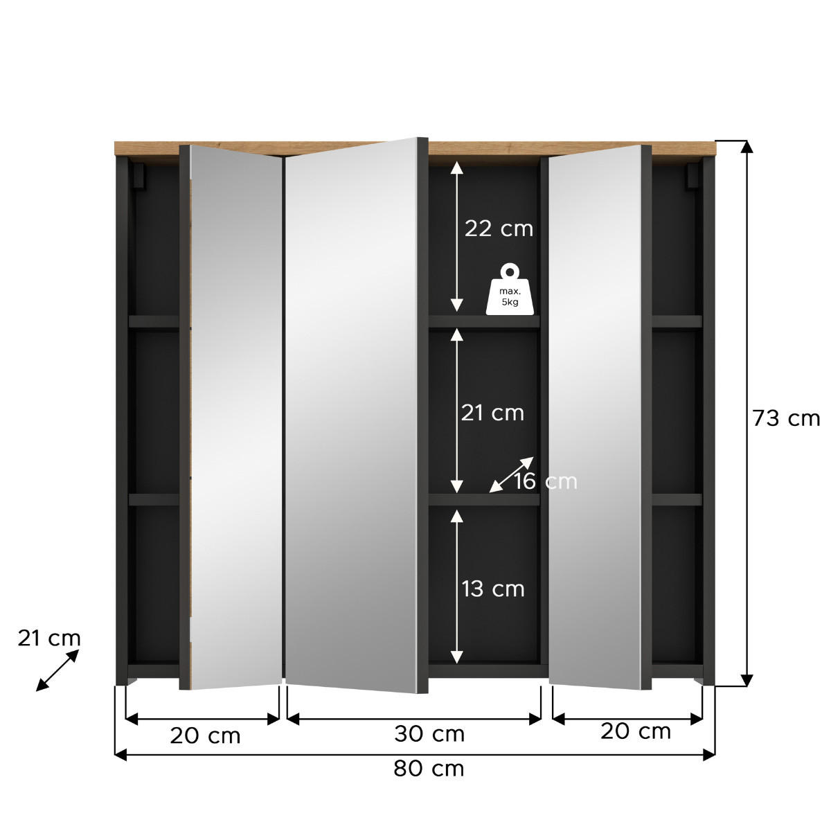 HÄNGESCHRANK mit 3 Spiegeltüren in Eichen- und Grauoptik 21/73/80 cm - Eschefarben, Holzwerkstoff (21/73/50.5cm) - Calicosy