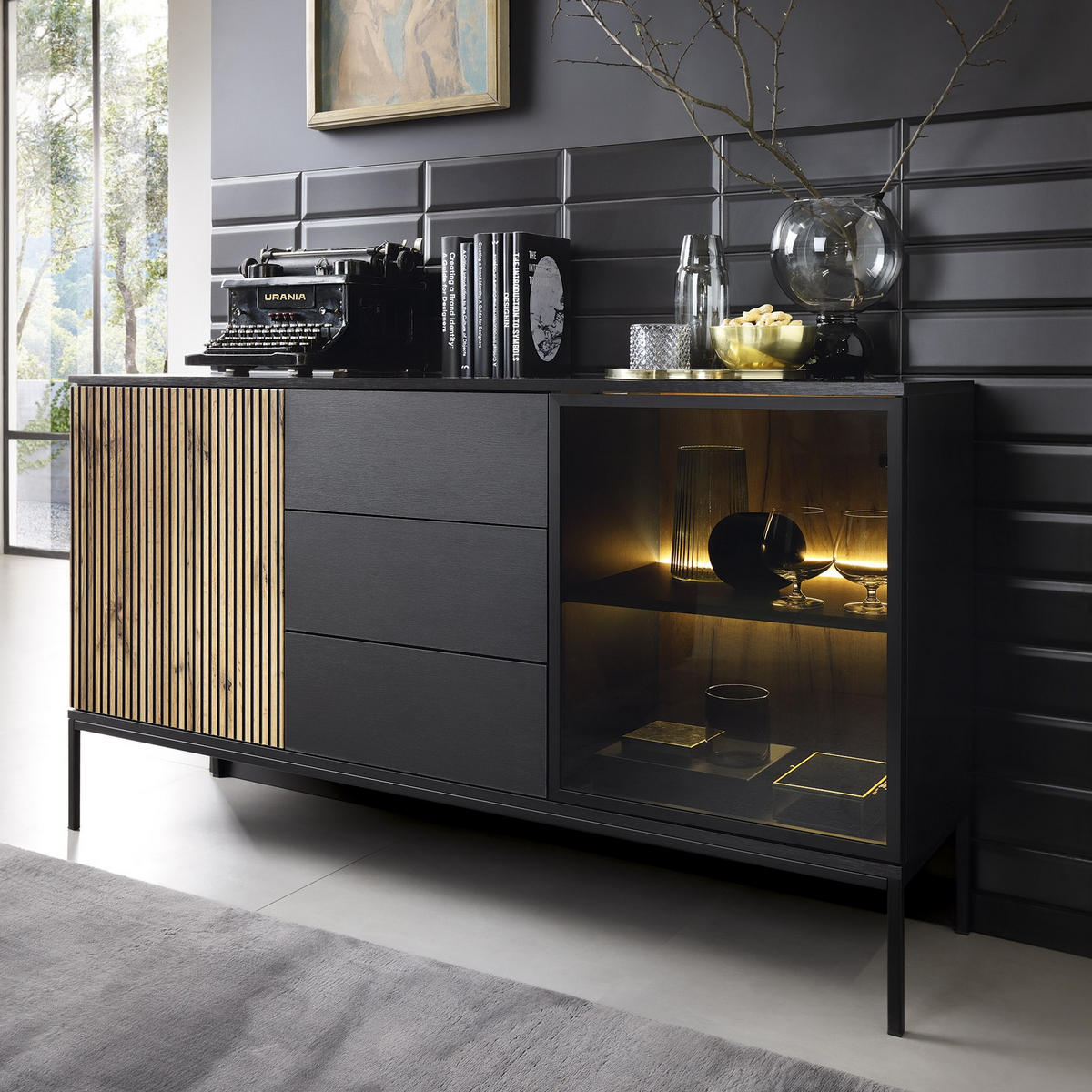 KOMMODE Lagos 154 cm mit drei Schubladen Schwarz und Wotan Eiche - Eiche Wotan/Schwarz, Holzwerkstoff/Metall (154/83/39cm) - Ravio