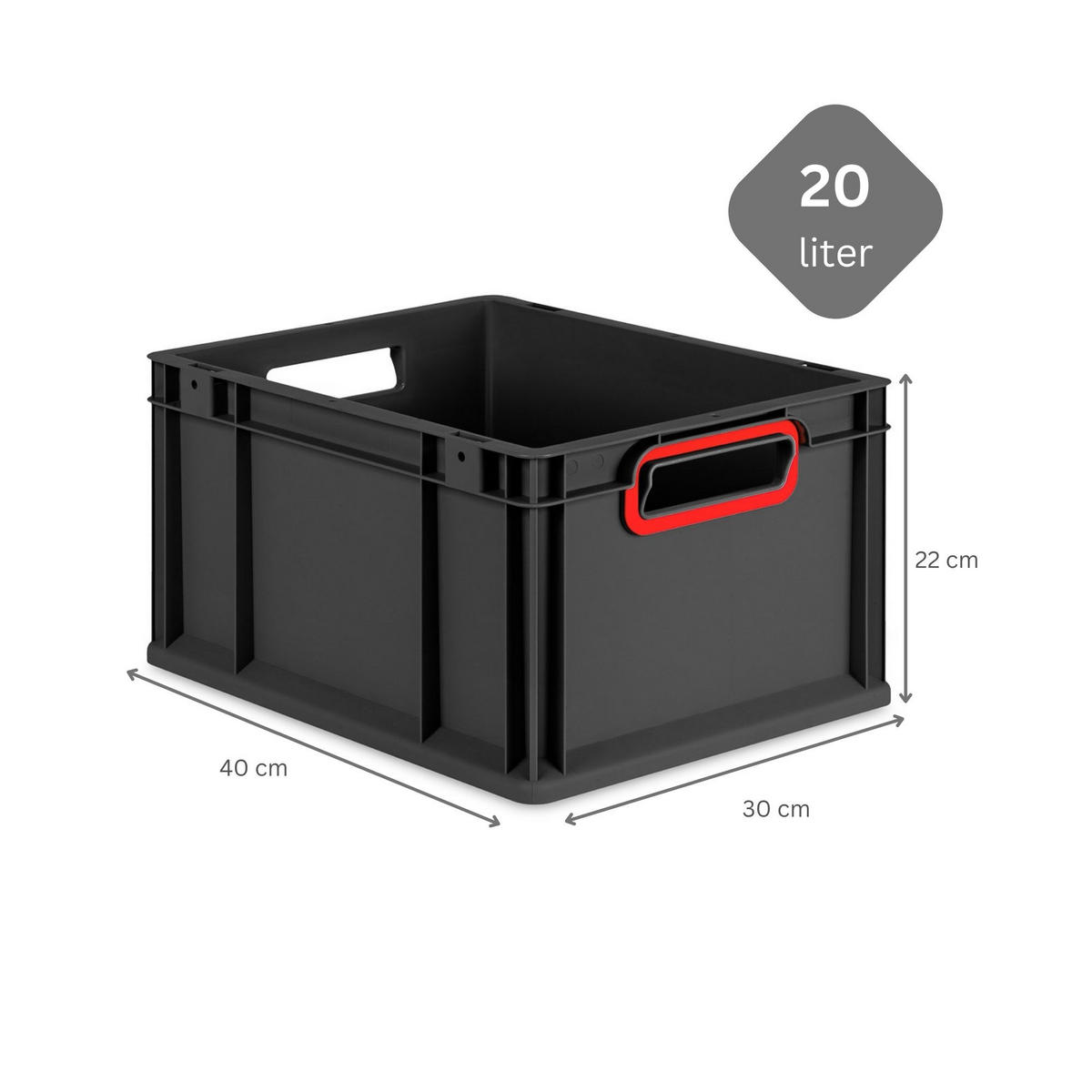 EUROBOX NextGen Color 22x30x40 cm 20 Liter Griffe rot offen, Schwarz - Rot/Schwarz, Kunststoff (30/22/40cm) - PROREGAL