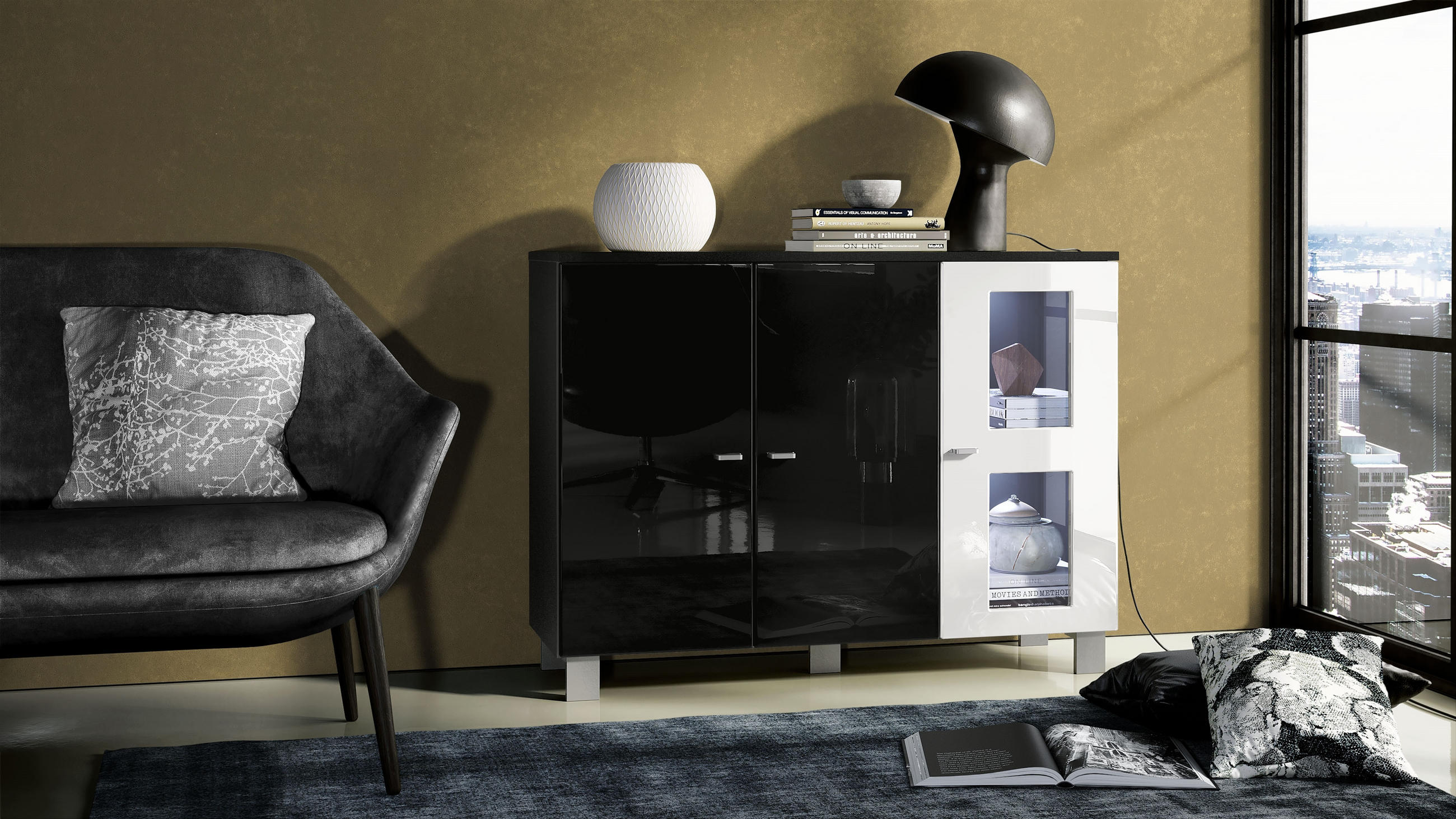 SIDEBOARD Denjo Tür in Weiß Hochglanz - Weiß Hochglanz, Holzwerkstoff (107/81/35cm) - Vladon
