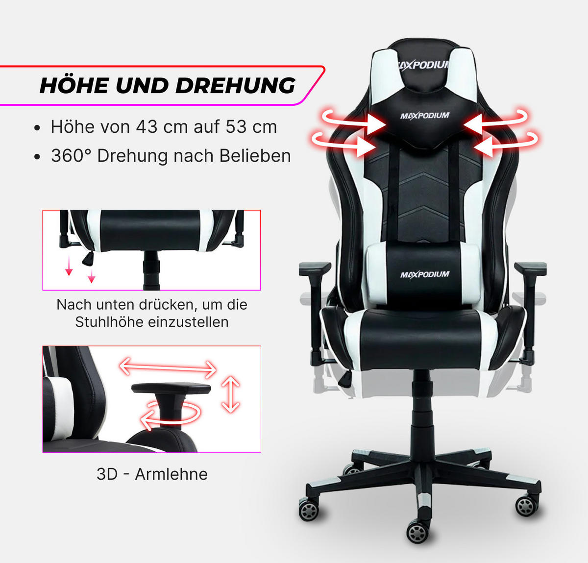 GAMING-STUHL Tactical Schwarz Weiß - Weiß, Metall (55/137/50cm) - MaxPodium