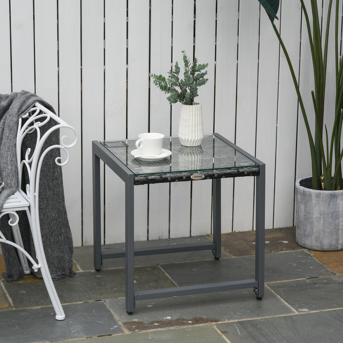 CARTENTISCH, Grau, Polyrattan, Aluminium, Hartglas - Grau, Kunststoff (50/495/50cm) - Outsunny