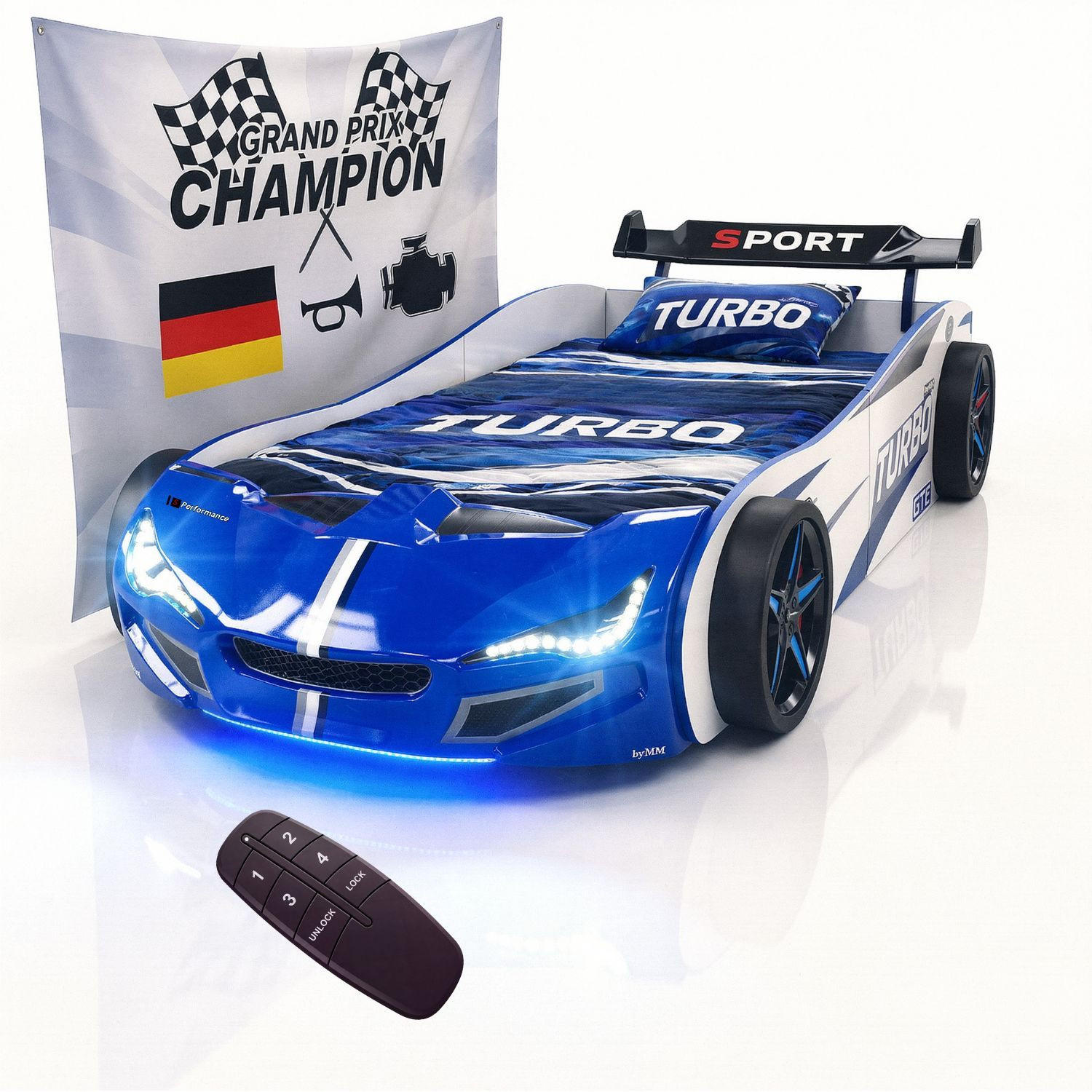 AUTOBETT GTE mit Rollrost, Licht und Sound Farbe Blau - Blau, Holzwerkstoff (90/200cm) - Coemo