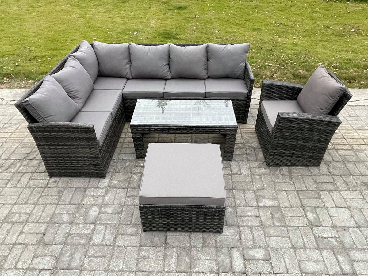 SITZGRUPPE mit Ecksofa,Länglicher Couchtisch ,Hocker, Sessel Polyrattan 8-Sitzer - Dunkelgrau/Grau, Glas/Kunststoff - Fimous