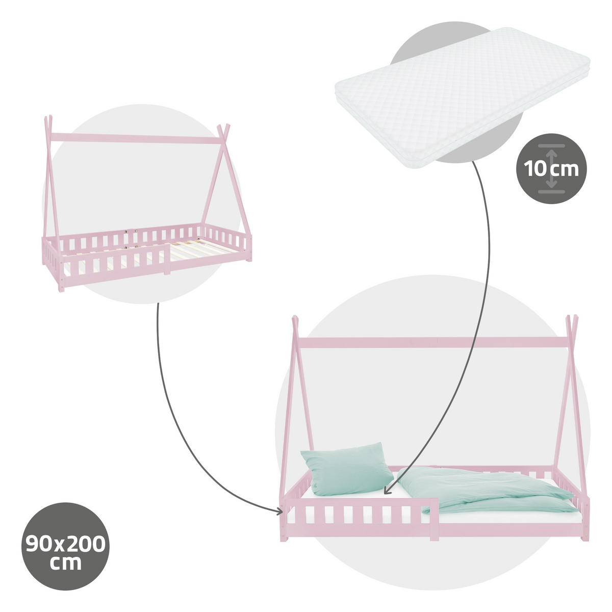 KINDERBETT Tipi mit Matratze 70x140 cm Rosa - Pink, Holz (90/200cm) - ML-DESIGN