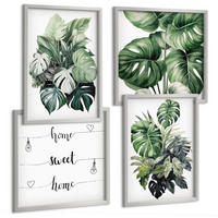BILDER SET 4er Set - 50x50 cm & 40x60 cm Silberner Rahmen - Aquarell von grünen tropischen Blättern - Silberfarben, Kunststoff (50/50cm) - TULUP