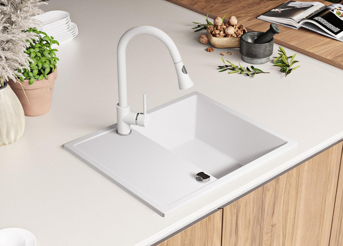 GRANITSPÜLE Ibiza, 2-er set Alles Weiß 62/50 cm 1 Becken + Küchenarmatur 38/14 cm + Ablauf-Set ab 45er Unterschrank - Weiß, Kunststoff (62/19/50cm) - Primagran