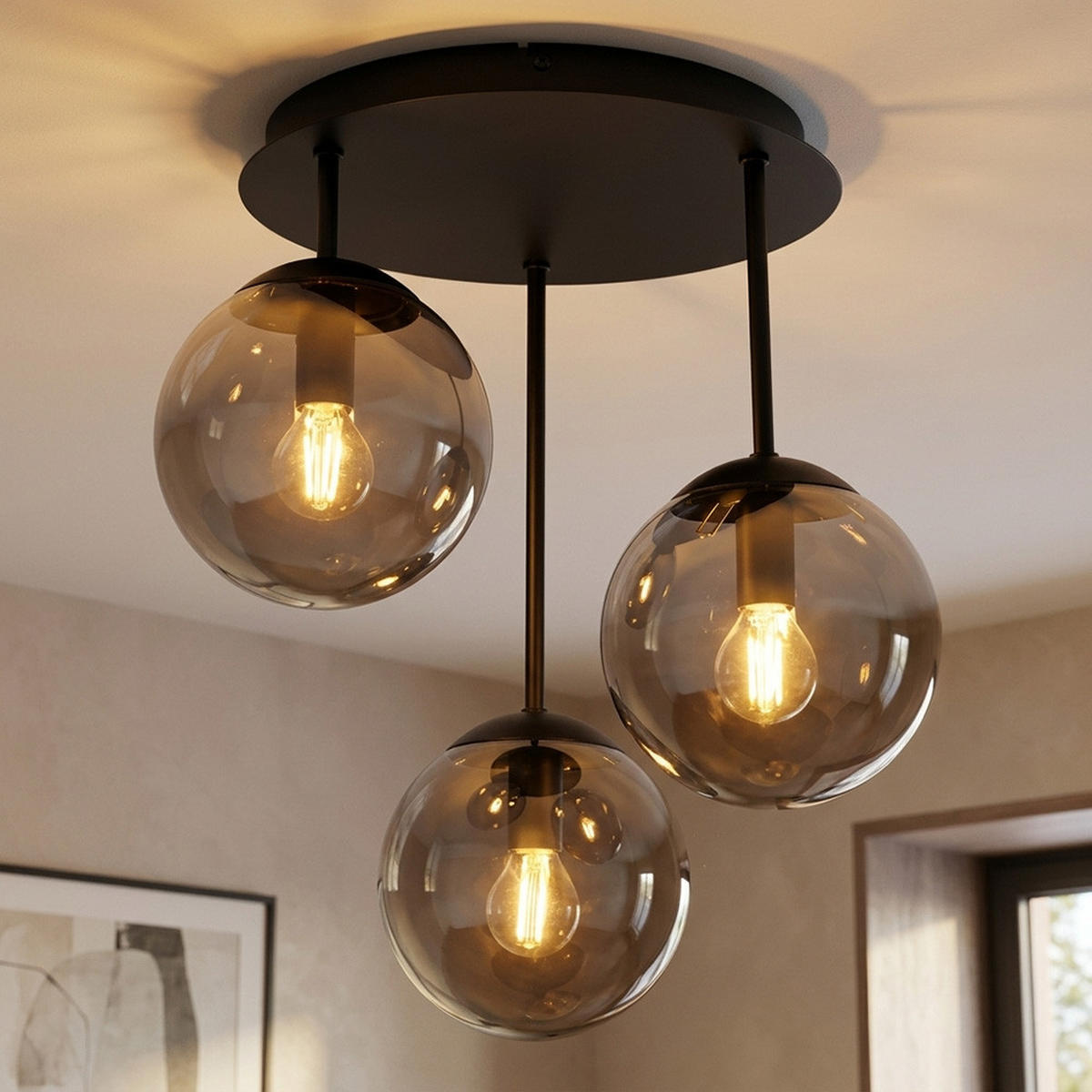 DECKENLEUCHTE HARMON, Metall, Schwarz, Rauchoptik - Schwarz, Glas (34/32.5/40cm) - Globo Lighting