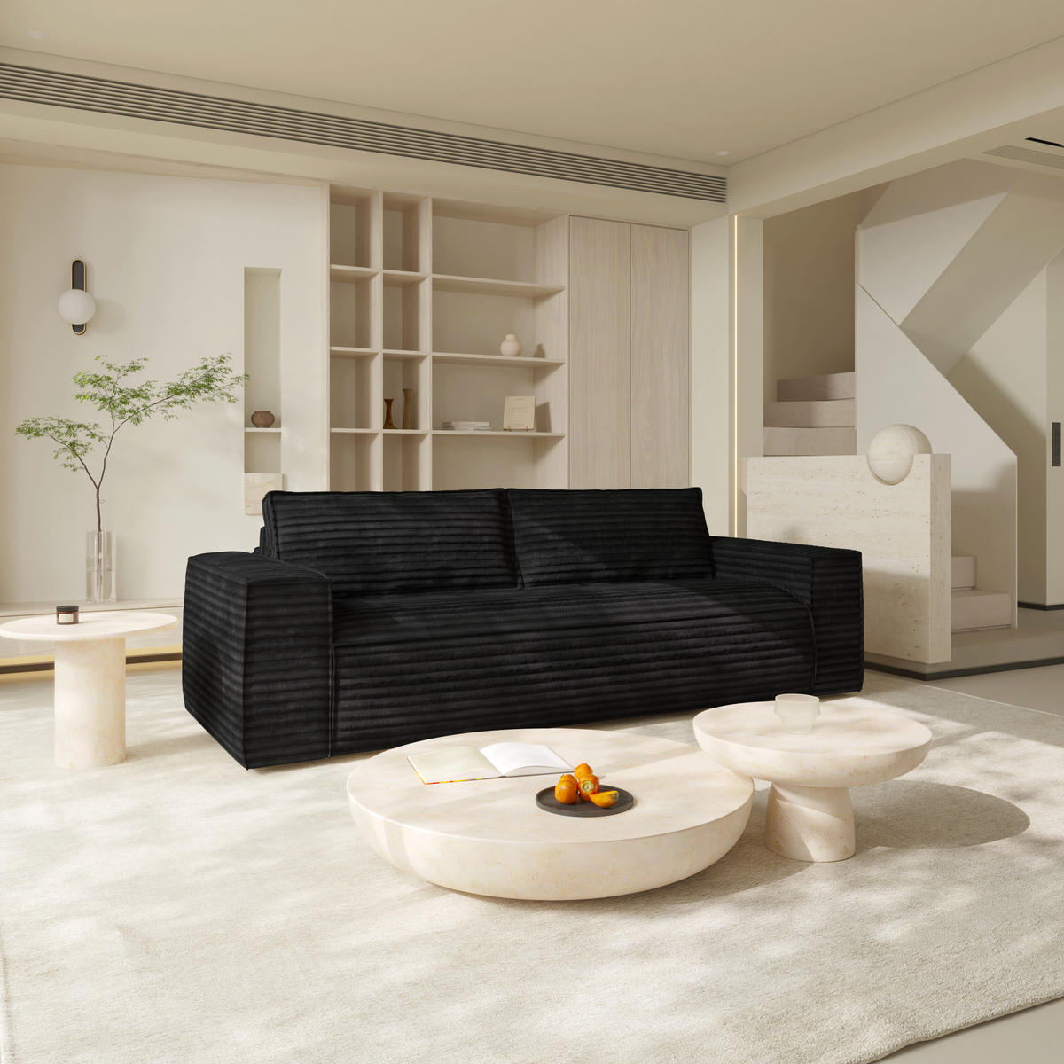SCHLAFSOFA GERADE Gerippter Samt Dunkles Anthrazit 216cm - Anthrazit, Textil (216/90/100cm) - Sia Home