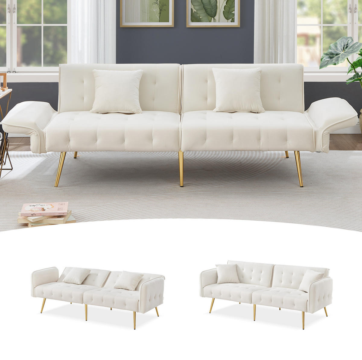 SOFABETT 2-in-1 215 x 81,5 cm Velours Ancient White - Weiß, Kunststoff (178/70/82cm) - Meubliv