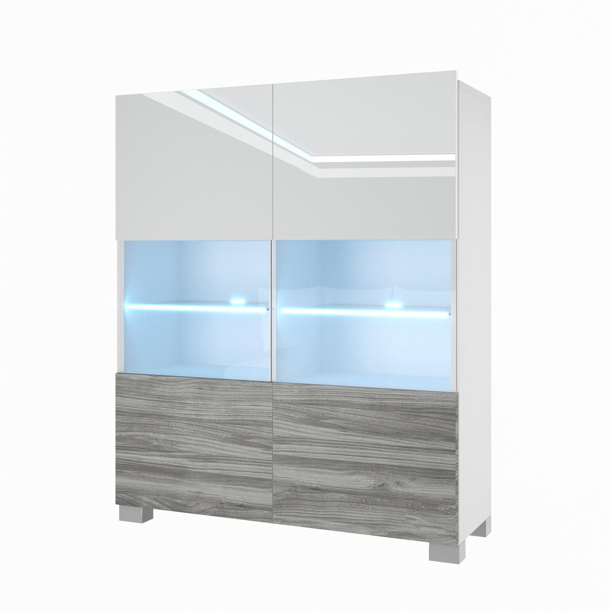 VITRINE Hochschrank mit LED-Leuchten, Weiß/Glamour Holz - Weiß/Grau, Holz (100/115/36cm) - B BELINI GROUP
