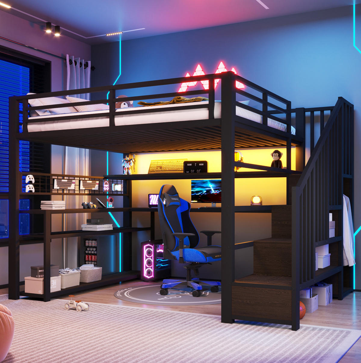 HOCHBETT 140/200 cm mit LED, Schreibtisch, Kleiderschrank und Stauraum - Schwarz, Metall (140/200cm) - MIVRAY