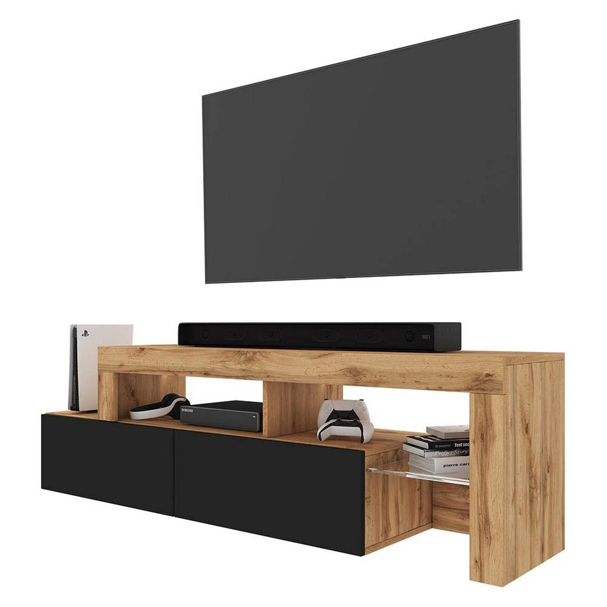 TV stolek Asten dub / černý s LED 172/50/33 cm - černá/dub Wotan, kompozitní dřevo (172/49.5/33.1cm) - Selsey
