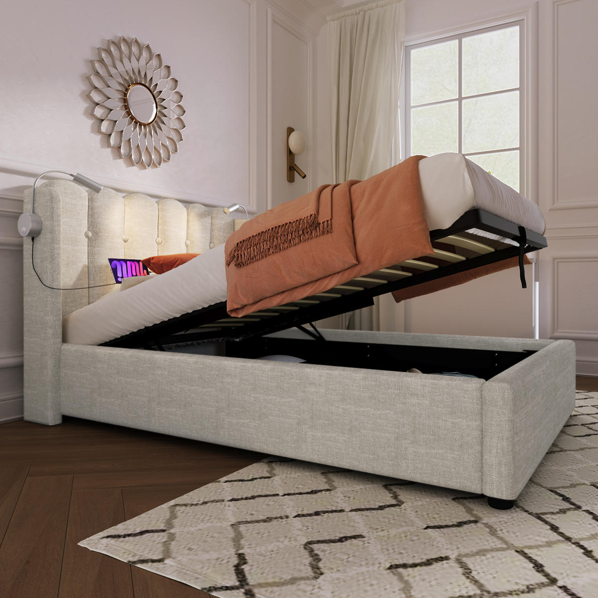 POLSTERBETT 90/200 cm Beige mit Leselicht und Ladefunktion Mit Matratze - Beige, Textil (90/200cm) - OKWISH