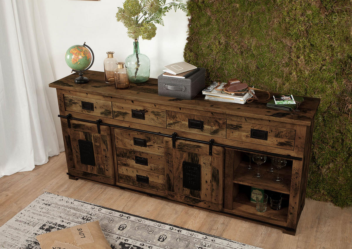 SIDEBOARD Mango 200x45x90 braun lackiert RAILWAY #422 - Dunkelbraun/Braun, Holz (200/90/45cm) - Massivmoebel24