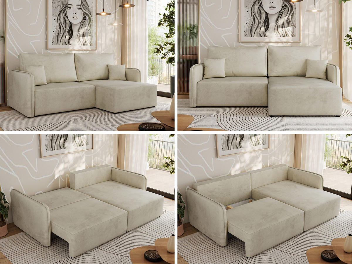 ECKSCHLAFSOFA MESTO L Beige Velvet - rechts - Beige/Schwarz, Kunststoff/Textil (147/227cm) - MKS