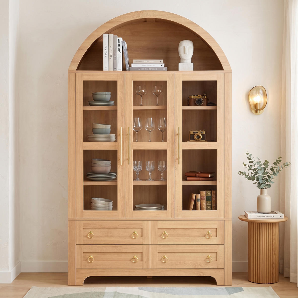 SIDEBOARD WOHNZIMMERSCHRANK Rundbogen 3 Glastüren 4 Schubladen - Naturfarben, Holzwerkstoff (110/185/40cm) - Urban Meuble