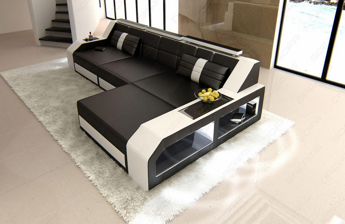 COUCH Arezzo L Schwarz Weiß Ledermix - Schwarz, Textil (308/194cm)