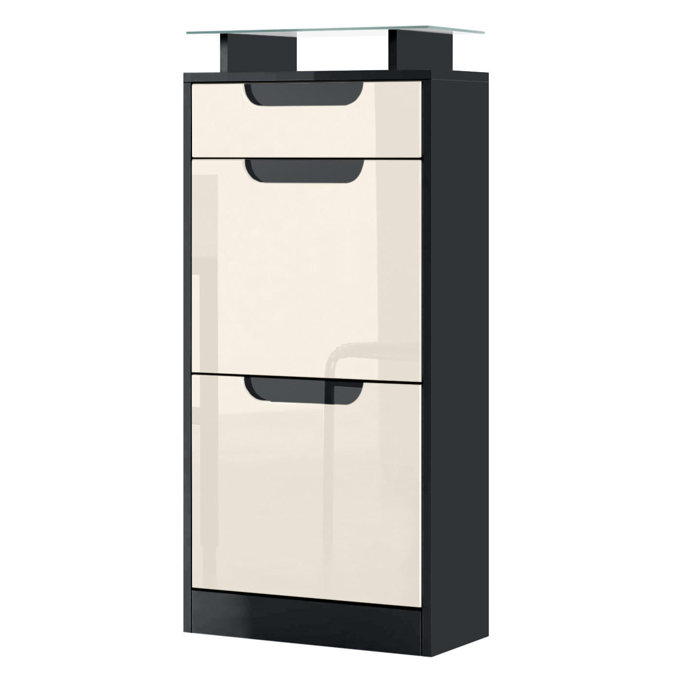 SCHUHSCHRANK Fiesta Creme Hochglanz / Schwarz Hochglanz - Creme, Holzwerkstoff (46/104/23cm) - Vladon