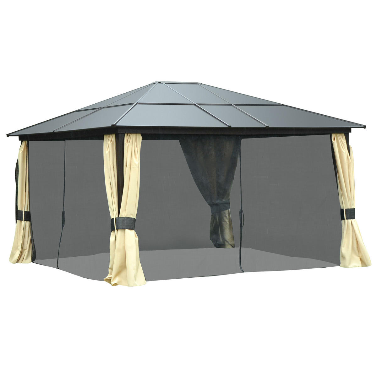 HARDTOP-GARTENPAVILLON 4,2 x 3,6 m, Vorhänge mit Fliegennetz, Alugestell, Braun+Creme - Schwarz, Textil (420/275/360cm)