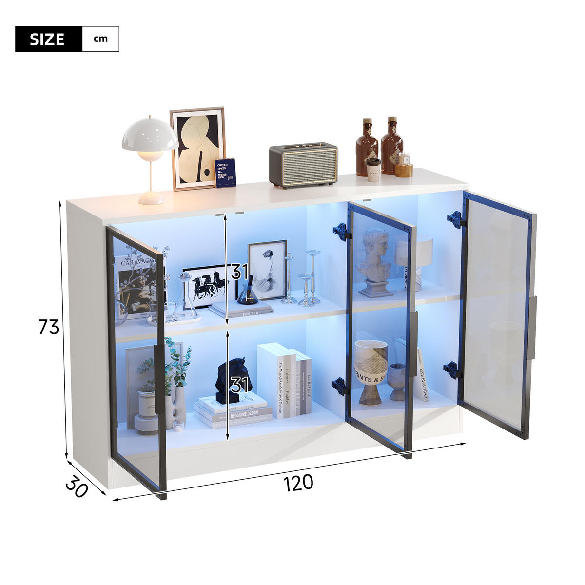 VITRINE 120x30x73 cm Weiß mit LED und Glasfront - Weiß, Holzwerkstoff (120/73/30cm) - FLIEKS