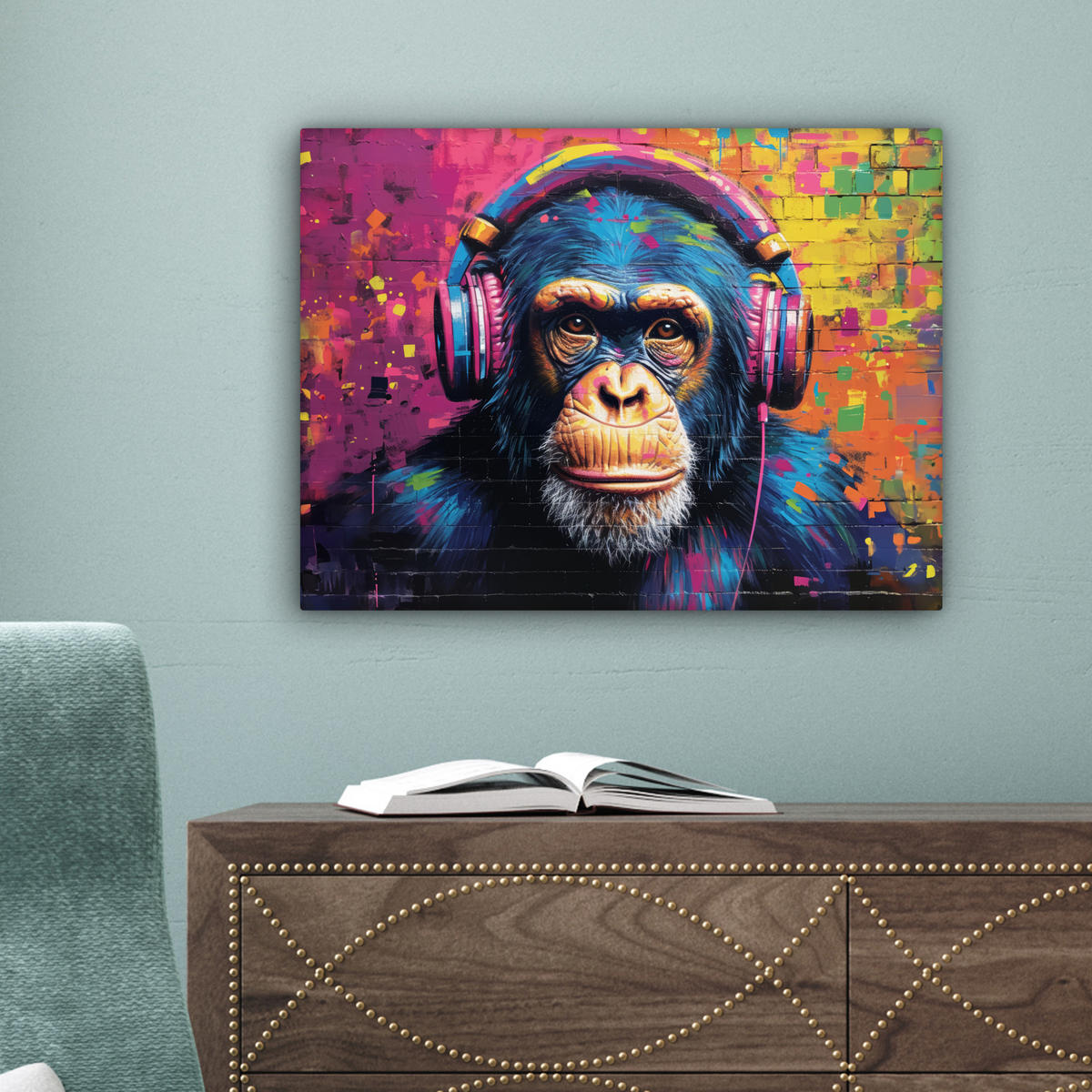 LEINWANDBILD Graffiti - Schimpanse - Straßenkunst - Kopfhörer - Affe Wandbild 40x30 cm - Blau, Textil (40/30cm) - MuchoWow