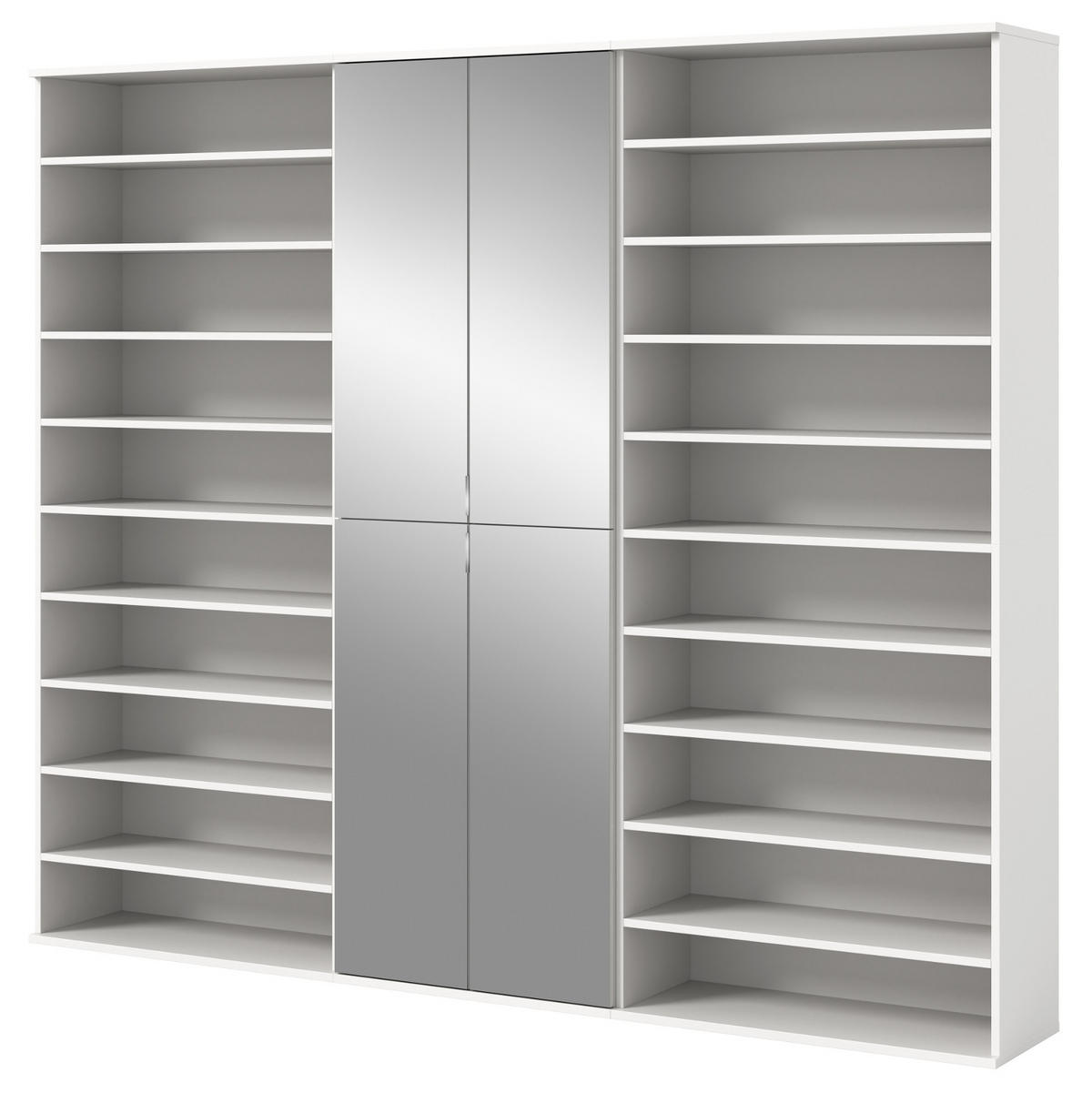 GARDEROBENSCHRANK weiß 221 cm, Schuhschrank XXL mit 29 Fächern - Chromfarben/Weiß Hochglanz, Glas/Holzwerkstoff (221/193/34cm) - Inn.Furn