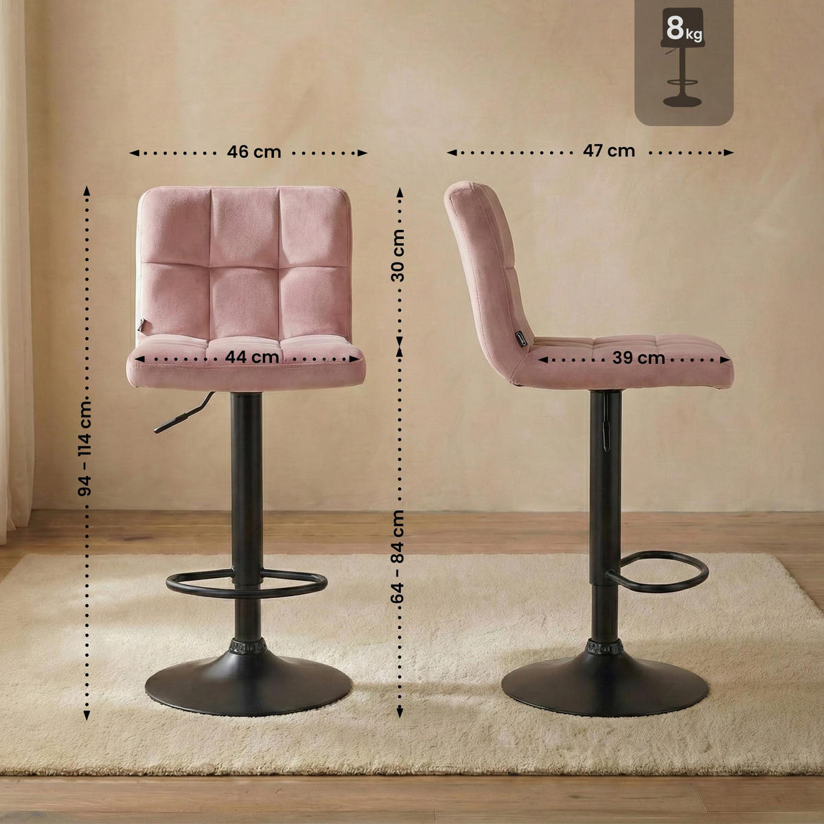 BARHOCKER Samt Rosa - Schwarz/Rosa, Textil/Metall (46/94/47cm) - CLP