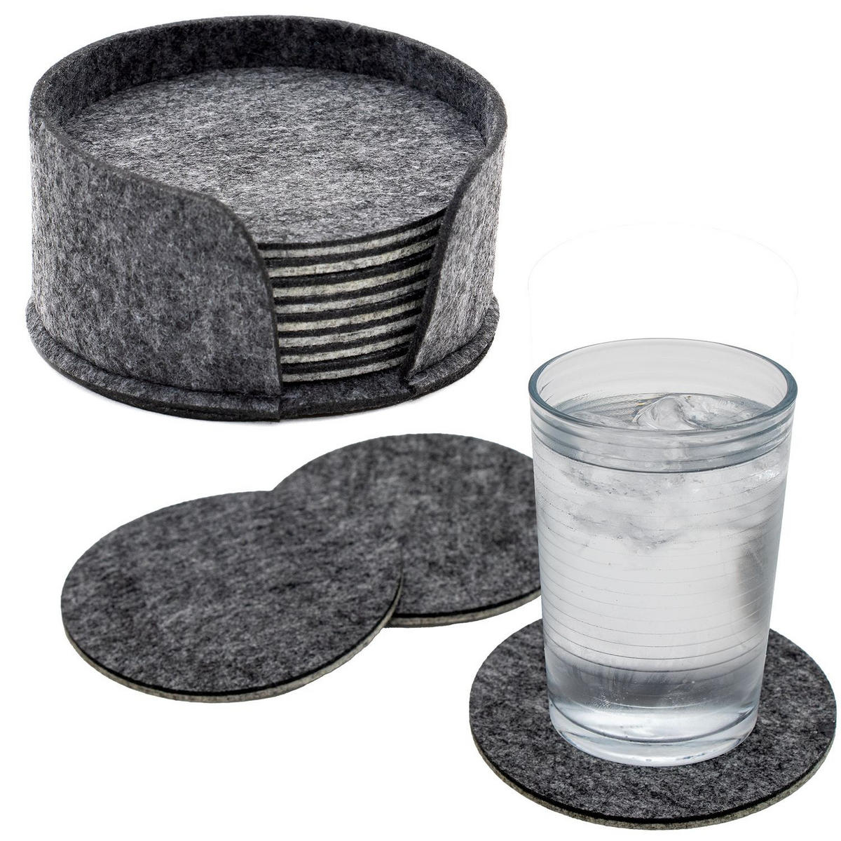 UNTERSETZER SET mit Filzhalterung (8-tlg.) - Grau, Textil (11/14.5cm) - Intirilife