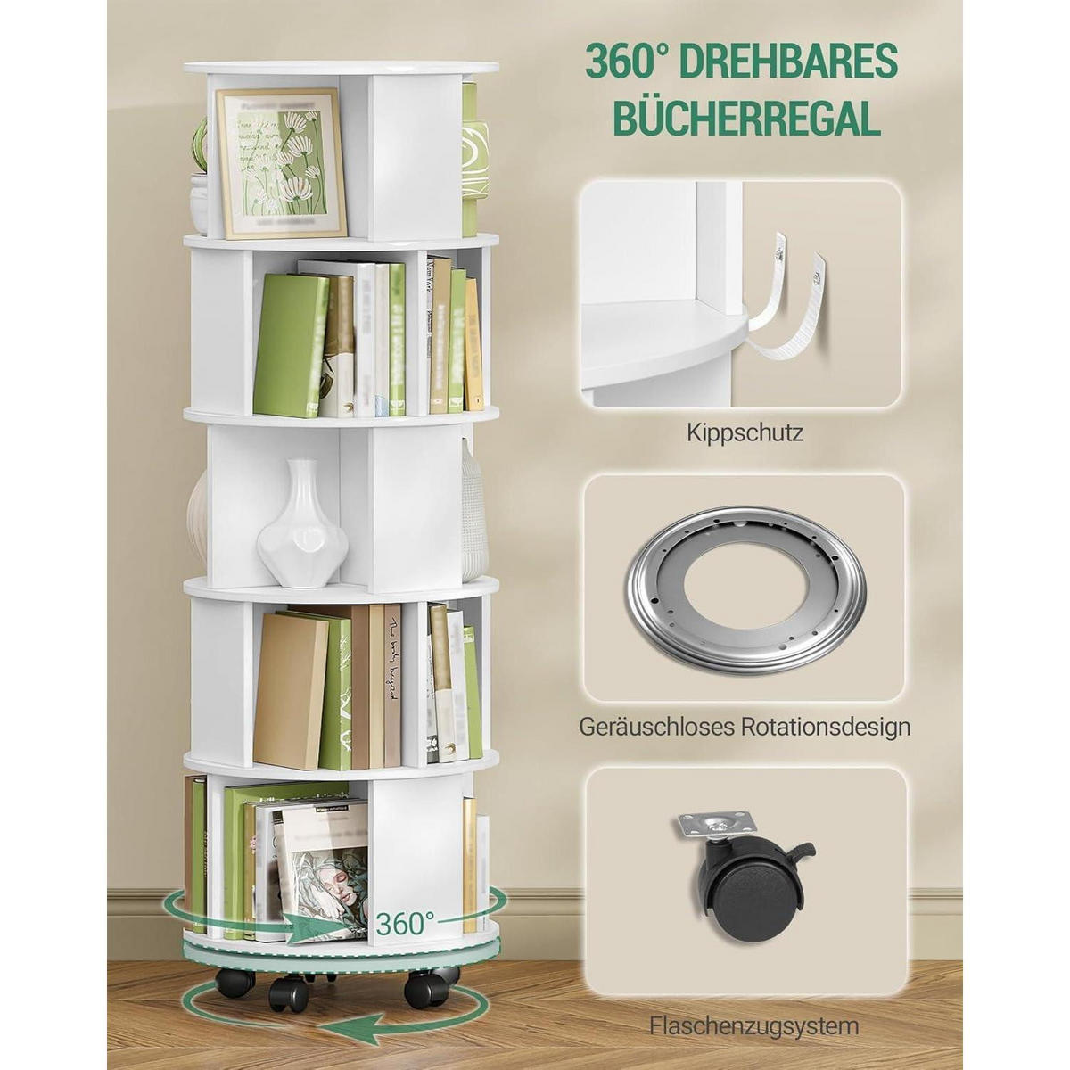 DREHBARES Bücherregal 5 Ebenen mit Rollen 45 x 45 x 161,5 cm Weiß - Weiß, Holzwerkstoff (45/161.5/45cm)
