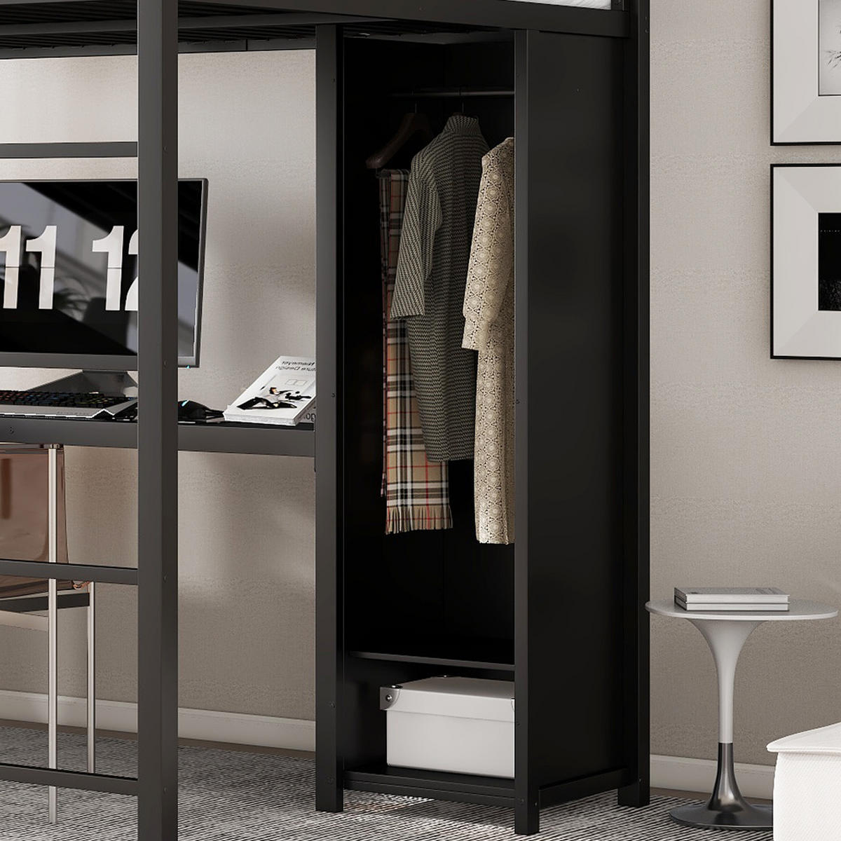 HOCHBETT 140/200 cm in Schwarz mit Kleiderschrank, Stauraum und Schreibtisch - Schwarz, Holzwerkstoff/Metall (140/200cm) - STILVORA
