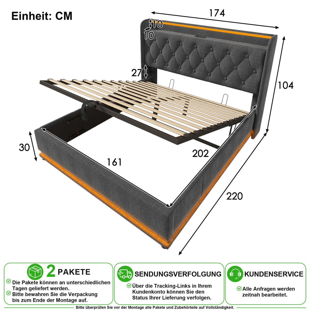 POLSTERBETT 160/200 cm in Grau Leinen mit Bettkasten, LED, USB und Type-C - Grau, Holzwerkstoff/Textil (160/200cm) - CHICFURN