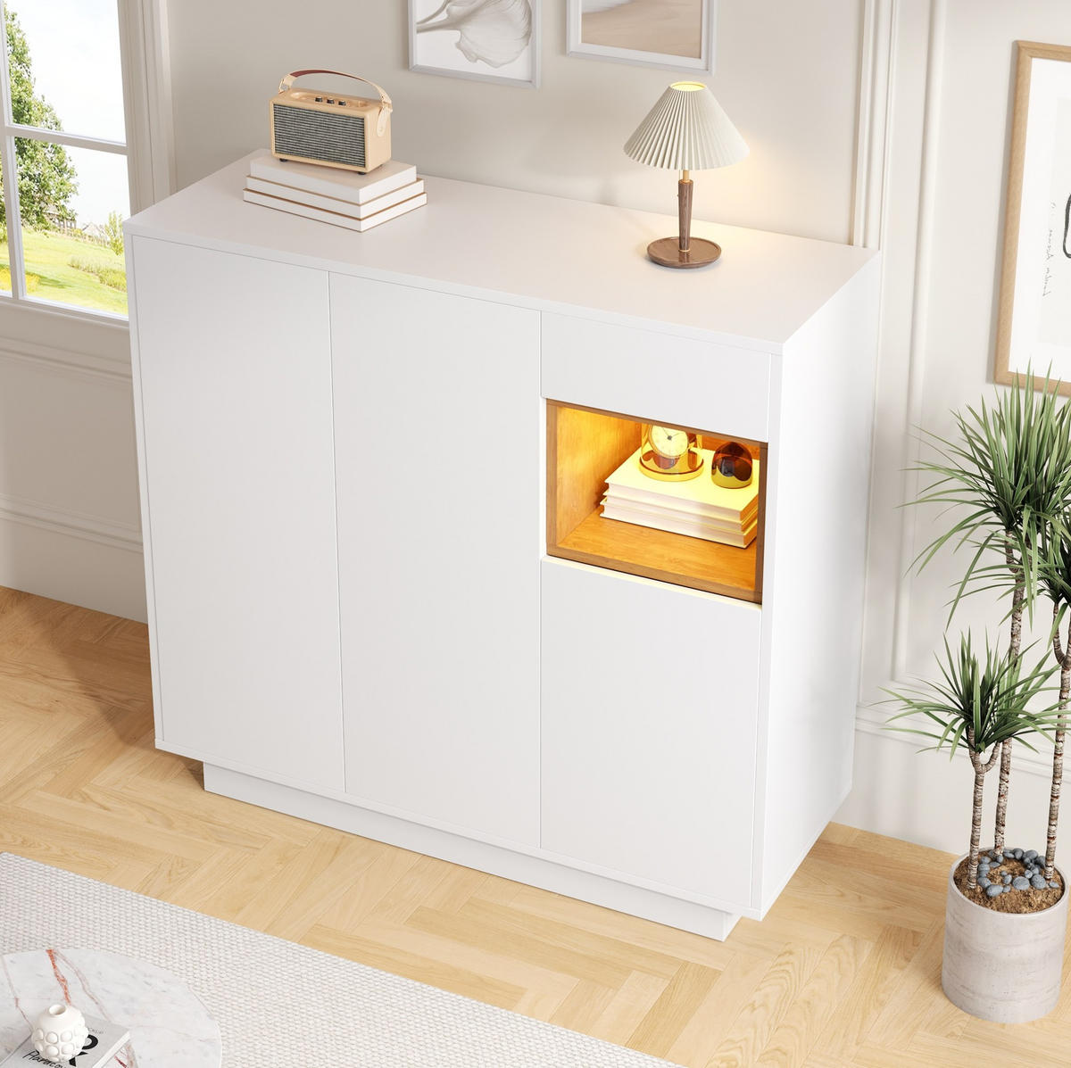 SCHUHSCHRANK 105/39,5/100,5 cm mit LED-Beleuchtung, Schublade und verstellbaren Einlegeböden aus Spanplatte, Weiß/Natur - Naturfarben, Holzwerkstoff (105/100/39cm) - Redom
