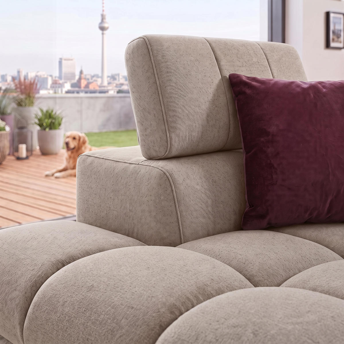 ECKSOFA PUDDING MAXI L Links mit Schlaffunktion 125x195 Velours Creme - Creme/Schwarz, Holz/Textil (203/350cm) - Muffo