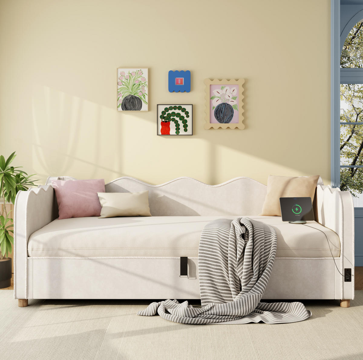 POLSTERBETT 90/200 cm aus Samt mit hydraulischem Stauraum und USB-Anschluss Beige - Beige, Textil (90/200cm) - Modenvie