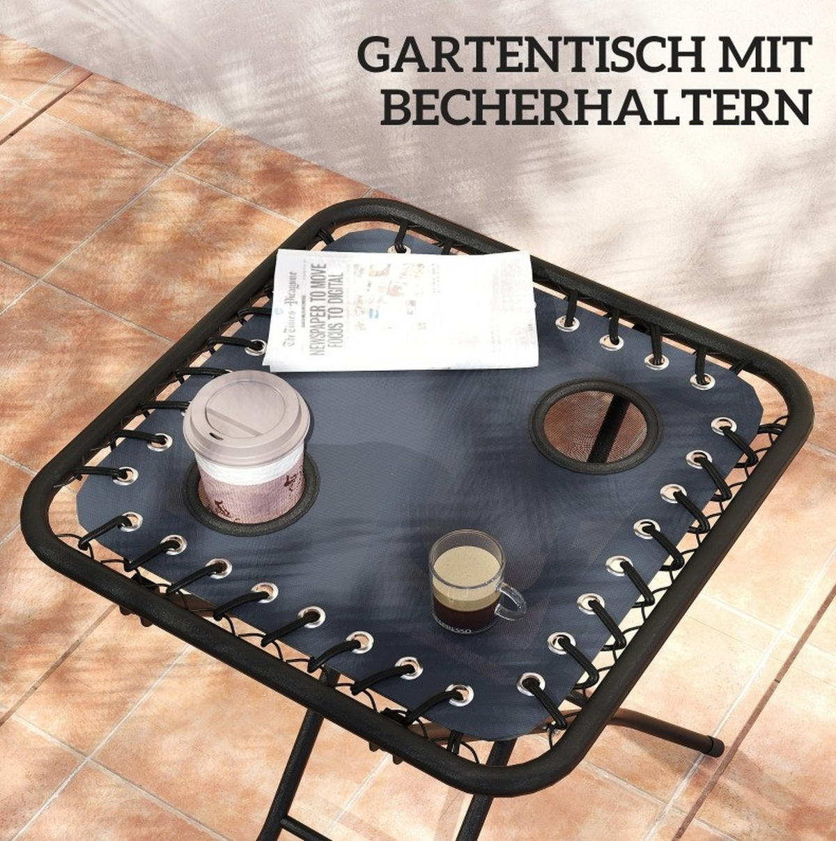 SONNENLIEGEN-SET aus Metall 90x65x110 cm Grau klappbar mit Beistelltisch, Getränkehaltern und Kopfstützen - Grau, Metall (65/110/90cm) - Modfu