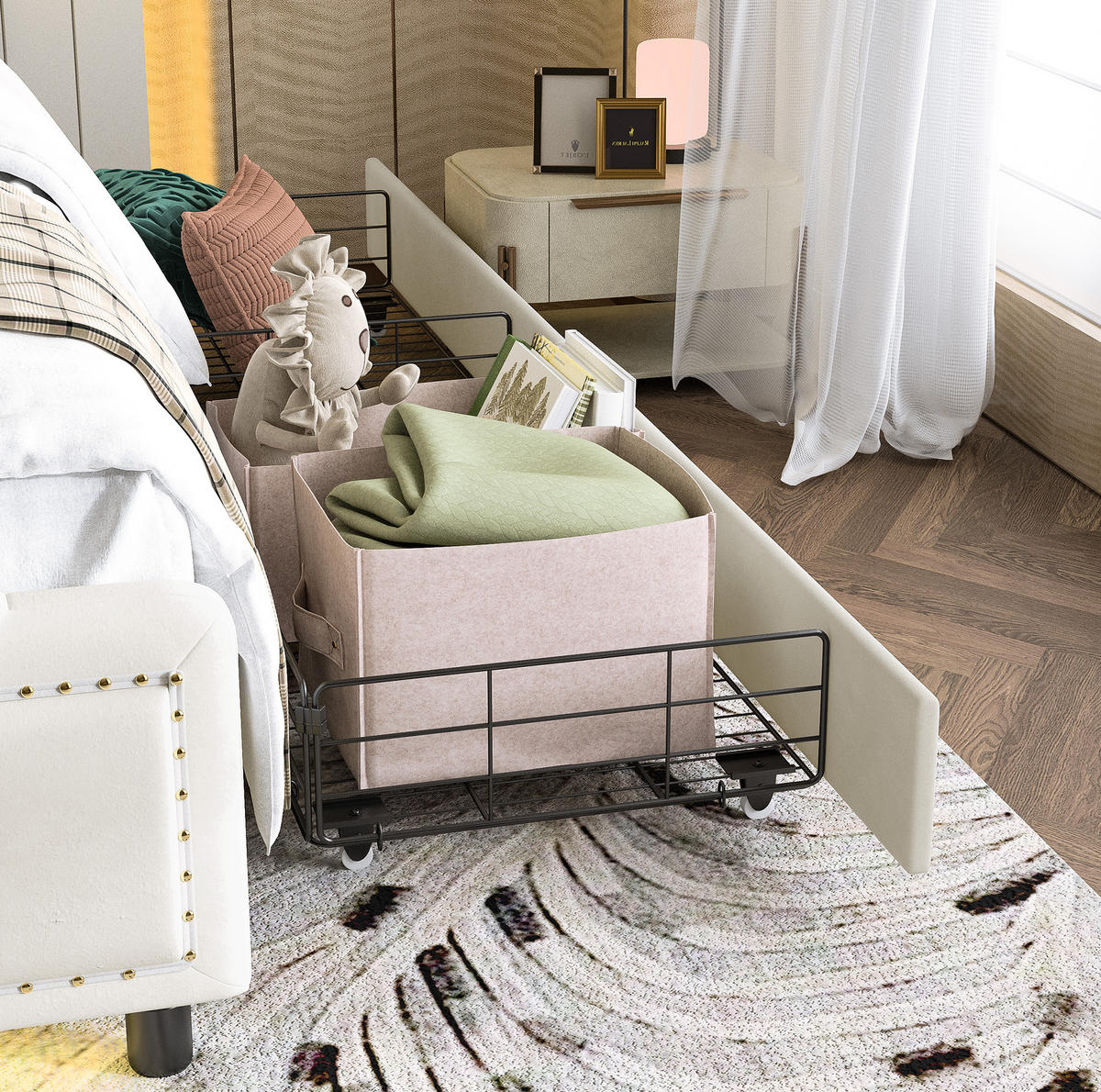 POLSTERBETT 160/200 cm mit 4 Schubladen, LED-Beleuchtung und Edelstahl-Zierleisten, Beige - Beige, Textil (160/200cm) - Redom