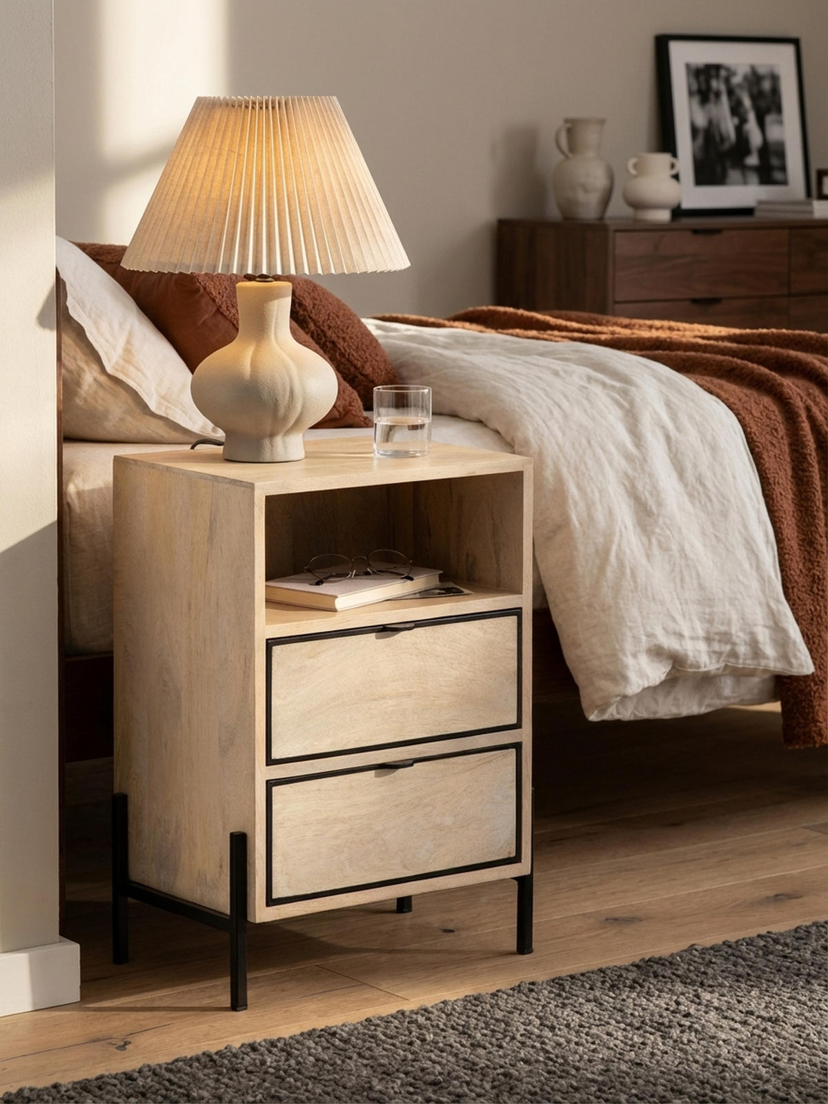 NACHTTISCH – Mango Massivholz/Metall, 43x60x30 cm, 2 Schubladen, braun - Schwarz/Braun, Holz/Metall (43/60/50cm) - KADIMA DESIGN