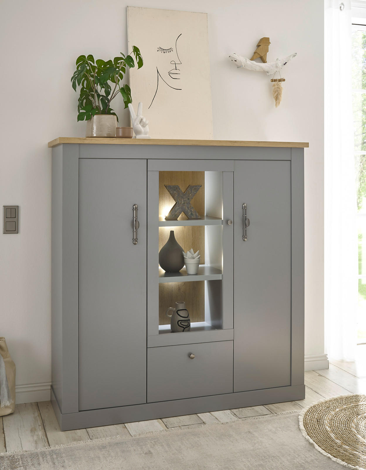 HIGHBOARD grau, Artisan Eiche Landhaus 138 cm, Vitrine mit 11 Fächern - Silberfarben/Hellgrau, Glas/Holzwerkstoff (138/142/44cm) - Furn.Design