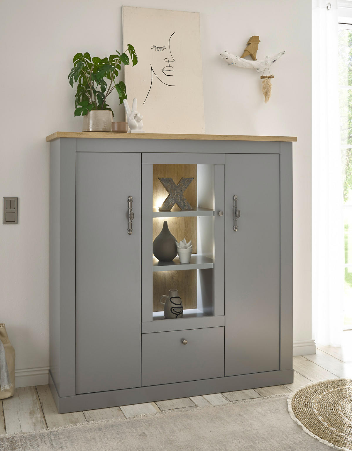 HIGHBOARD grau, Artisan Eiche Landhaus 138 cm, Vitrine mit 11 Fächern - Silberfarben/Hellgrau, Glas/Holzwerkstoff (138/142/44cm) - Furn.Design