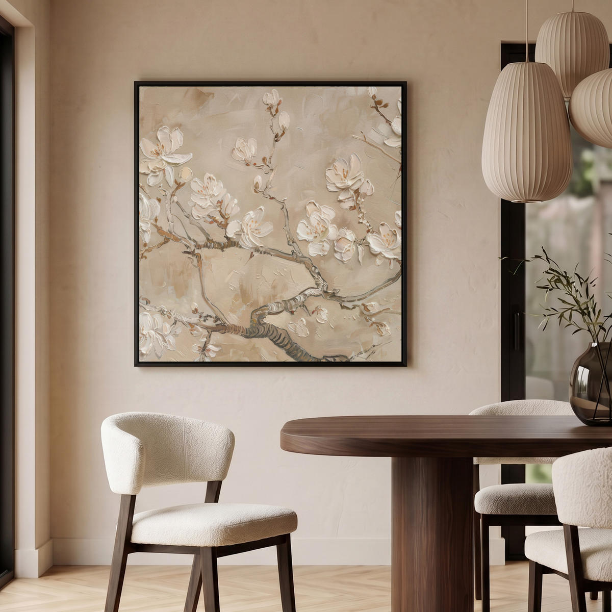 LEINWAND Bilder mit Rahmen - Blumen - Modern - Beige - Weiß - Blüte - 90x90 - Beige, Textil (90/90cm) - MuchoWow